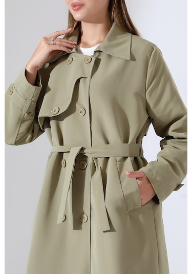 Amazon Keten Kumaş Uzun Boy Düğmeli Astarlı Yumuşak Dokulu Trenç Kot Mint Yeşil Mint Yeşili
