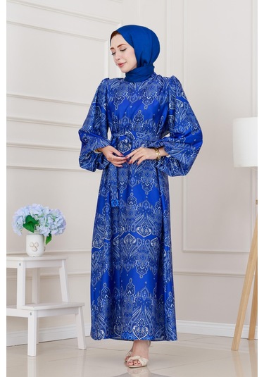 Balon Kol Saten Adel Elbise-mavi-5234 Mavi