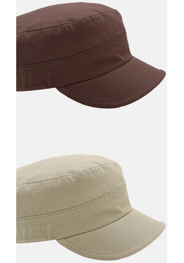 Erkek Fidel Castro Şapka 2'li Kep Rozet Detaylı Kasket - Kahverengi - Bej Açık Bej - Kahverengi