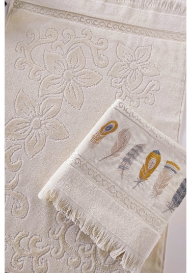 2'li Nakışlı Kadife El Havlusu -jakarlı Tüy İşlemeli Yüz Havlusu - %100 Pamuk Cappuccıno Cappuccino