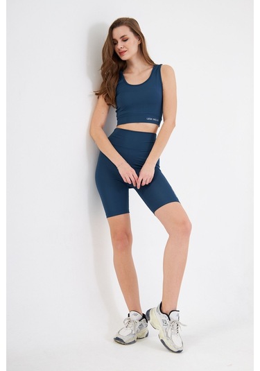 Lesa Wear Yüksek Bel Likralı Toparlayıcı Kısa Şort Tayt Crop Takım Mavi