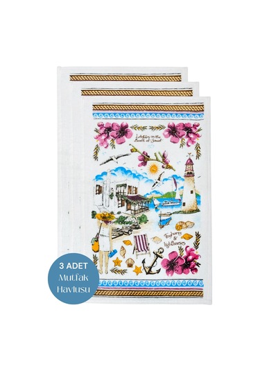 3lü Paket Baskılı Beyaz Mutfak Havlusu Modeli Sunset