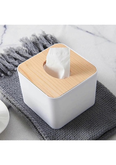 Beyaz Kare Plastik Mendil Kutusu Ahşap Kapaklı Mendil Kutusu Ev, Mutfak, Yemek Odası, Yatak Odası, Banyo, Oturma Odası, Koridor, Ofis İçin Kozmetik Mendil Kutusu
