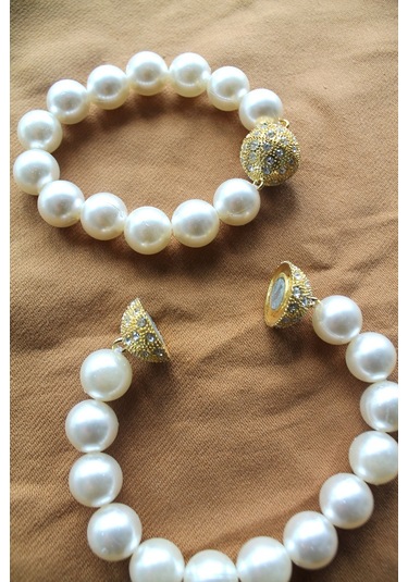 2 Adet Gold Mıknatıslı Krem İncili Perde Tutacağı & Perde Süsü