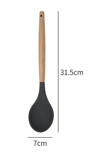 Silikon Kaşık Mutfak Kaşığı Servis Kaşığı Ahşap Saplı 31,5 Cm
