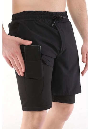 Genius Store Running Hızlı Kuruma Micropoly Antrenman Halısaha Fitness Kısa Taytlı Erkek Sporcu Şortu Siyah