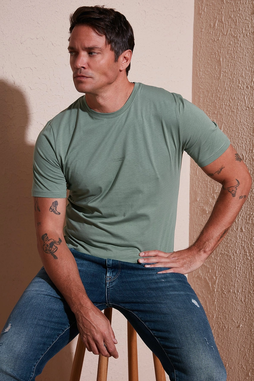 Buratti Yazı Detaylı Pamuklu Regular Fit Bisiklet Yaka Erkek T Shirt 59020203 Elma Yeşili