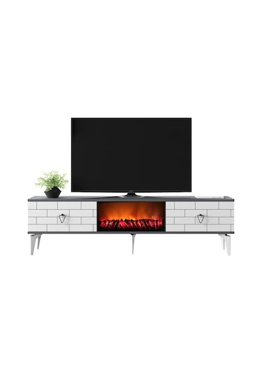 Volcanos Şömineli Tv Sehpası Tv Ünitesi Antrasit Beyaz