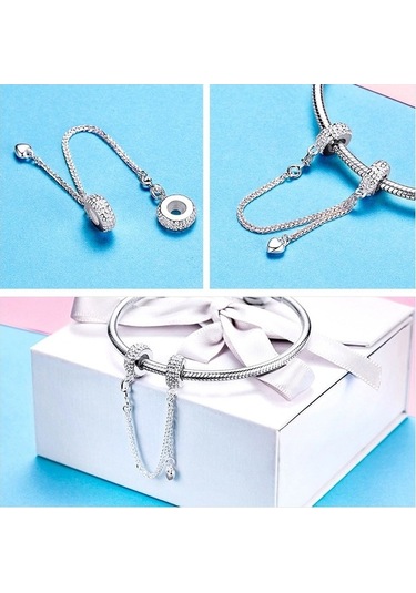 Fastbuy 925 Ayar Gümüş Aşk Kalp Güvenlik Zinciri Kolye, Renkli Charm Stoper Bilezik Kadın Diy Takı Çok Renkli