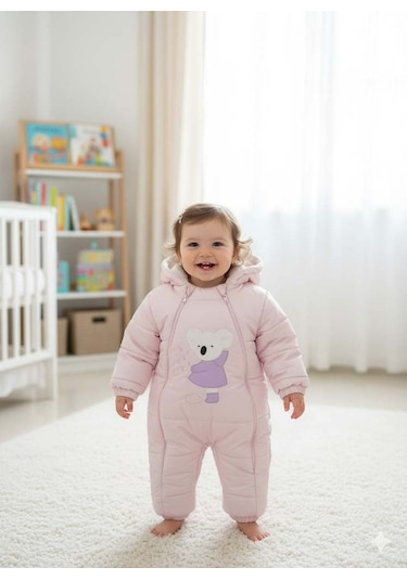 Bebek İçi Kürklü Çıkabilen Patik Ve Eldivenli Astronot Tulum Açık Pembe