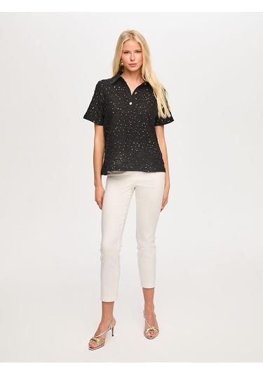Faik Sönmez Polo Yaka Payetli Örme Bluz S26blz015 Us26blz01510 Siyah