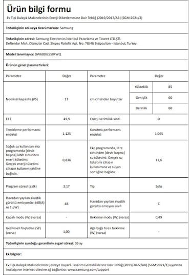 Samsung DW60DG540FSR 4 Programlı 13 Kişilik Bulaşık Makinesi