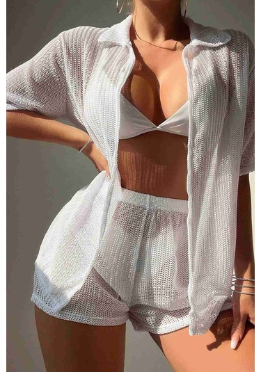 Angelsin Yaka Detaylı Gömlek Görünümlü Alt Üst Şort Takım Plaj Elbisesi Pareo Beyaz 001