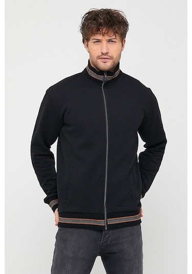 Comeor Erkek Siyah Regular Fit Dik Yaka Fermuarlı Uzun Kollu Hırk Siyah