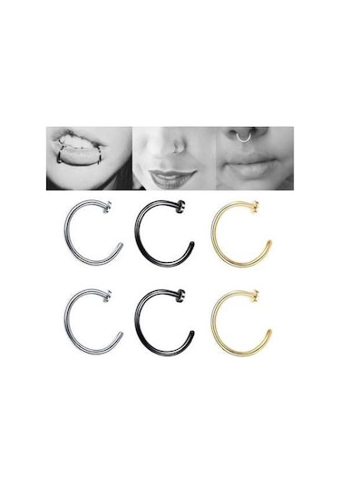 Flybuy 5 Paslanmaz Çelik Burun Halkası, Dudak Bandı, C Şekli, 0.8x6+2 Siyah Siyah