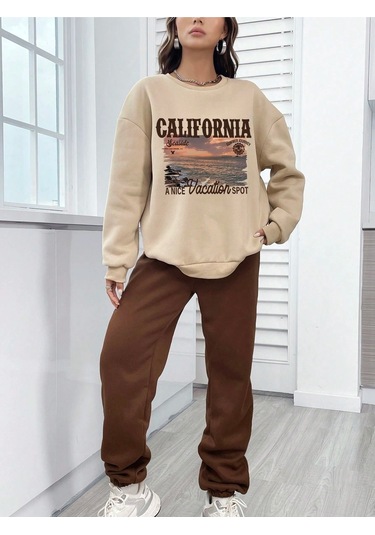 Hırsch Kadın Bej California Seaside Baskılı Oversize Alt Üst Eşofman Takımı Vizon