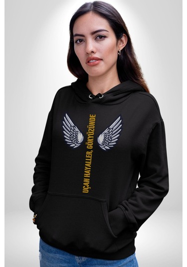Uçan Hayaller Gökyüzünde Melek Kanatları Kadın Erkek Siyah Kapüşonlu Sweatshirt Hoodie Siyah
