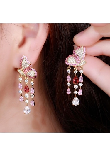 Novahub Sarı Altın Kelebek Küpe, Damla Püskül, Siyah Altın Renk, Kadın, 4.7 Cm Çok Renkli