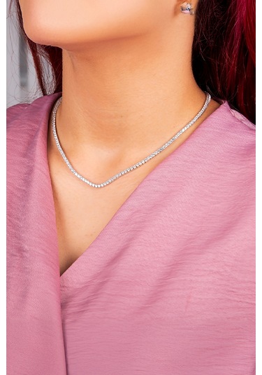 925 Ayar Gümüş Full Zirkon Taşlı Rodyumlu Su Yolu Bayan Kolye