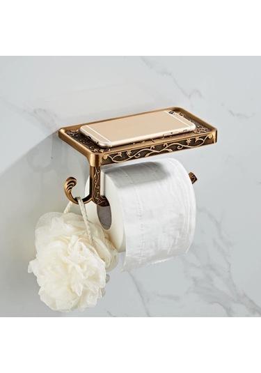 Gajeena Klasik Stili Duvarlı Tuvalet Kağıdı Dispenseri - Uzay Alüminyumlu, Telefon Rafı İçeren, Delme Yok Kurulum, Banyo Organizasyon Aracı Altın