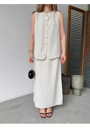 Keten Kolsuz Sıfır Yaka İlik Düğmeli Kolsuz Hırka Etek İkili Takım- Beyaz Beyaz