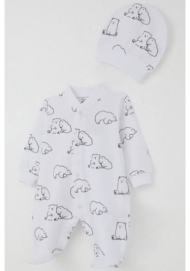 Breeze Erkek Bebek Patikli Tulum Sevimli Kutup Ayıcığı Desenli 0-6 Ay, Beyaz Beyaz