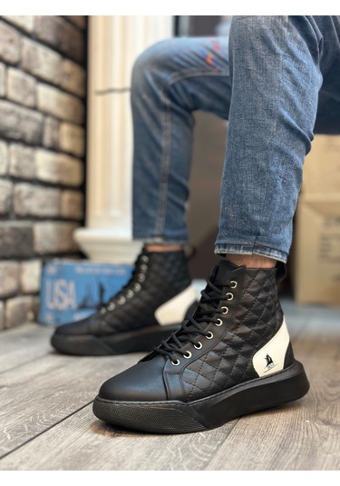 Ba0159 Bağcıklı Erkek Yüksek Taban Siyah Beyaz Spor Bot Siyah