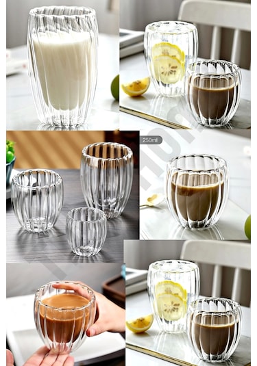 2'li Çift Cidarlı Burgulu Kristal Cam Bardağı Çay Süt Kahve Kupası Sıcak & Soğuk İçecek Bardak Seti