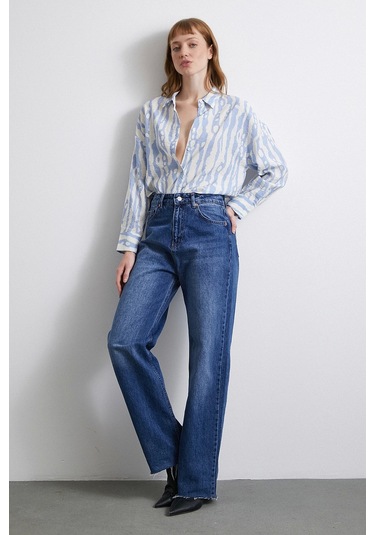 Zebra Desen Modal Gömlek Mavi Mavi