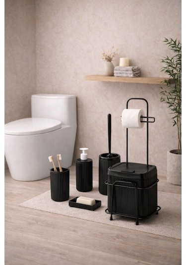 Decorev Büyük Banyo Standlı 6'lı WC Seti 5 Litre Çöp Kovası Siyah