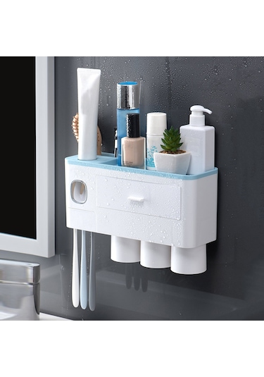 Geeksen Duvara Monte Diş Fırçası Askısı Dispenseri Delme Gerekmez Yer Tasarrufu Manyetik Diş Macunu Sıkacağı Bardak Banyo Düzenleyici Ev Ticari Mavi