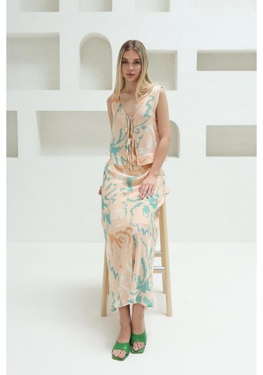 Gülsüm Aydın Bağcıklı Bluzlu Etek Takım - Pudra Pudra