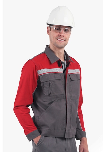 3 Cm Reflektörlü Çok Cepli Mont Gri - Kırmızı