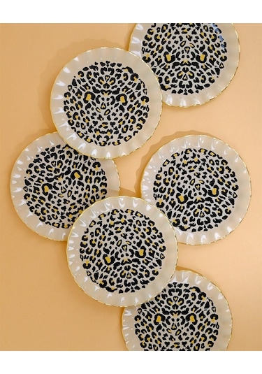 Glore Leopar Wavy Altın Yaldızlı 6 Kişilik Cam Pasta Tabağı Takımı 25098