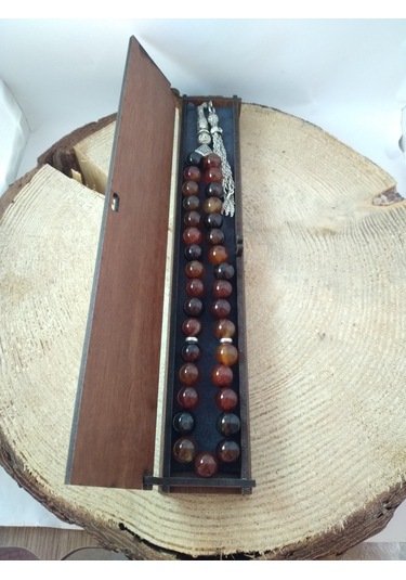 Kızıl Kahve Akik Taşı Tespih Ahşap Kutulu / 10 MM Doğaltaş Tespih