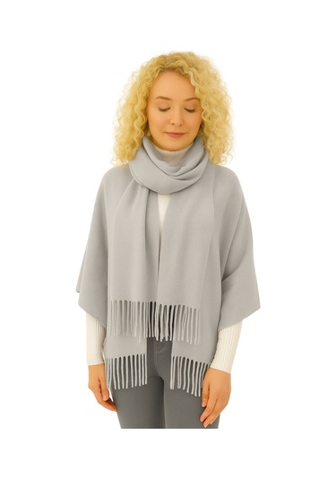 1 Adet Kadın Büyük Bedene Uygun Ekstra Yumuşak Dokulu Püskül Detaylı Kışlık Atkı Omuz Şalı Gri