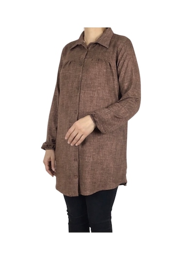 Mevsimlik Kolları Lastikli Boydan Düğmeli Gömlek Bej