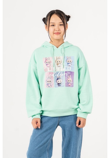 Kız Çocuk Labubu Baskılı 3 İplik Kışlık Şardonsuz Sweatshirt 4540 Mint