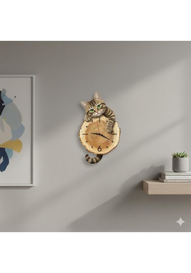 Cajuart Kütük Üzerinden Bakan Tekir Kedi Tasarımlı Duvar Saati Modern Dekoratif Saat Kahverengi