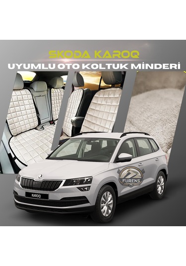 Skoda Karoq Bej Renk Tay Tüyü Cepli & Terletmez Sırtlı Oto Koltuk Minder Seti - Koltuk Koruma Kılıfı Ön & Arka Tam Set