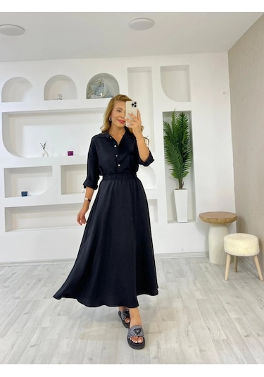 Ahes Shopping Kadın Keten Kumaş Gömlek Ve Etek Ikili Takim Siyah