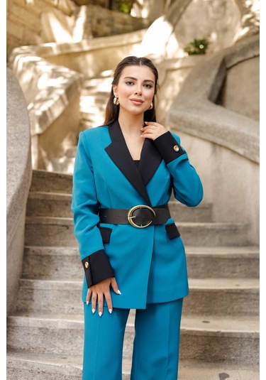 Gold Kemerli Garnili Kruvaze Takım Petrol Petrol