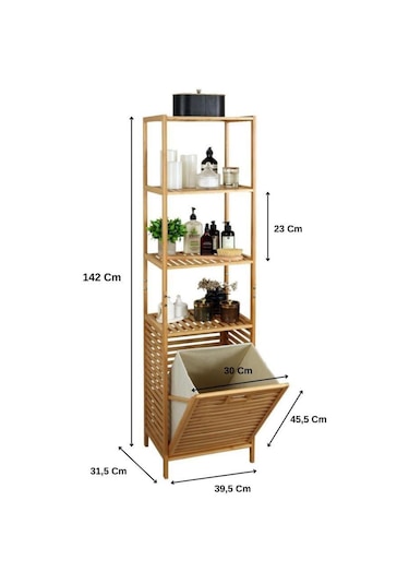 Digithome Bambu Kirli Sepetli 4 Raflı Çok Amaçlı Banyo Düzenleyici Çamaşır Sepeti Organizer Db-0009 Ahşap