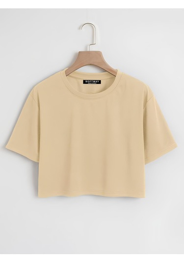 Kadın Oversize Bisiklet Yaka Düz Crop T-shirt - Bej