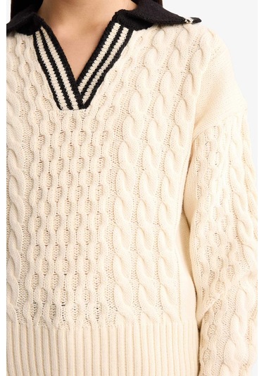 Defacto Kız Çocuk Polo Yaka Kazak G1626a825auer68 Ekru