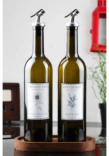 Ahşap Stantlı Amber 2'li 750 Ml Zeytinyağı Sıvıyağ Şişesi Yağd...