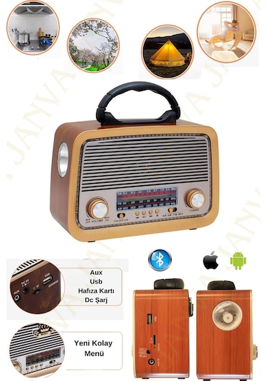 And-301 Bluetooth Lu Ledli Nostaljik Görünümlü Müzik Kutusu Usb Sd Kart Radyo Mp3 Çalar