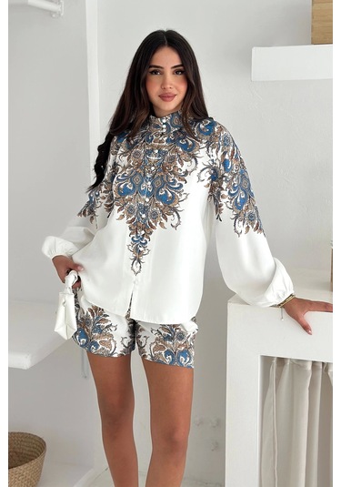 İthal Atlas Kumaş Bluz&şort Takım Beyaz
