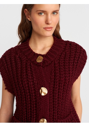 Dilvin 60961 Bisiklet Yaka Yumuşak Dokulu Cepli Düğmeli Triko Yelek-bordo Bordo