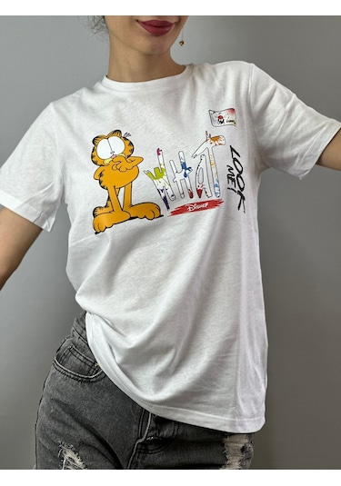 Sarman Kedi Baskılı Tişört T-shirt Unisex Beyaz